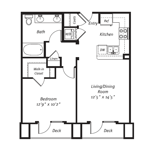 Floor plan for 1 bed, 1 bath, 706 sqft